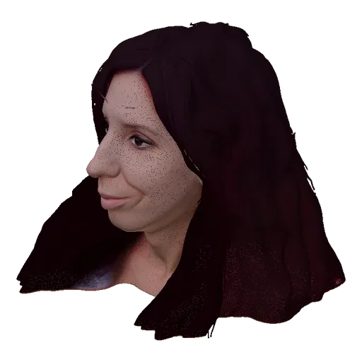 3D model render of an AI-generated woman's bust with long, dark, flowing hair, looking slightly to the side.