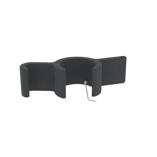 3D model of a dark gray cable clip holder with a U-shaped clamp and a flat attachment tab.
