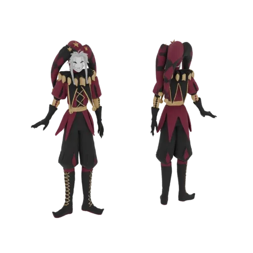 Modello 3D di un giullare con costume rosso e nero e cappello a stelle.