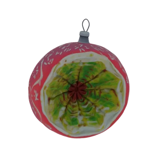 3D model of a retro red Christmas ornament with a detailed green floral interior, set against a black background.