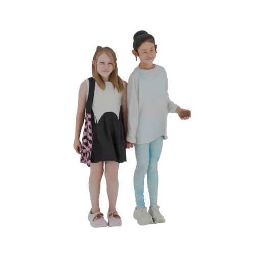 3D model of two young girls standing together, one in a black and white dress, the other in a blue sweater and leggings.