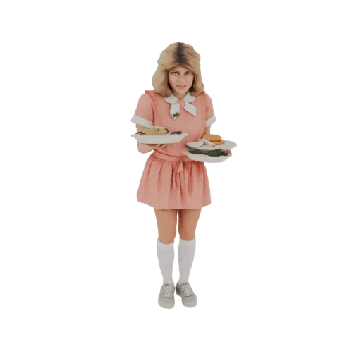 3D model of a retro diner waitress in a pink uniform, holding two trays of food, with a friendly expression and blonde hair.