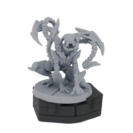 3D render of a grey gargoyle creature miniature in a crouching pose on a dark base, with skeletal features and large wings.