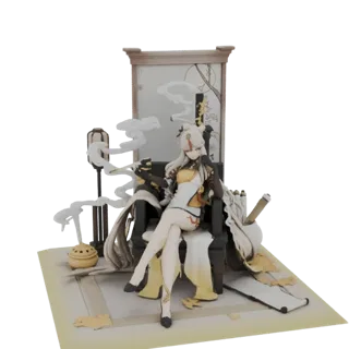 3D-Modell einer eleganten Frau mit langen weißen Haaren, gekleidet in ein weiß-goldenes traditionelles Outfit, sitzend auf ei