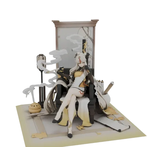3D model of an elegant woman with long white hair, wearing a white and gold traditional outfit, seated on a dark throne with