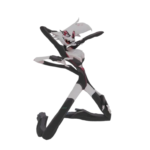 3D model of Angel Dust from Hazbin Hotel in a dynamic, acrobatic pose, wearing his signature black and red outfit.