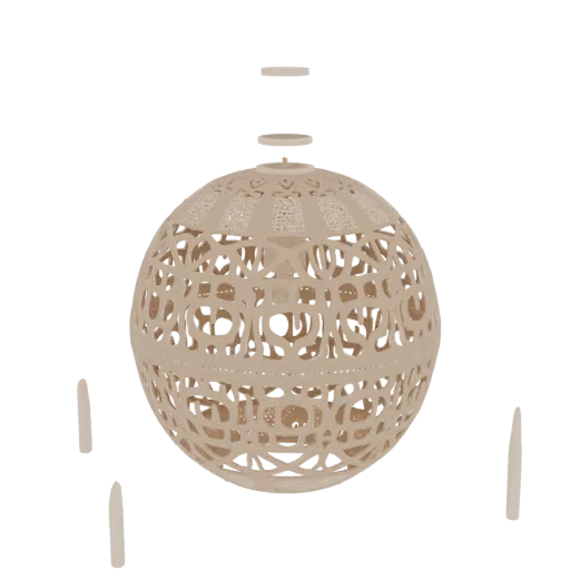 Modelo 3D de un farol esférico ornamentado con intrincados patrones de filigrana, presentado sobre un fondo blanco.