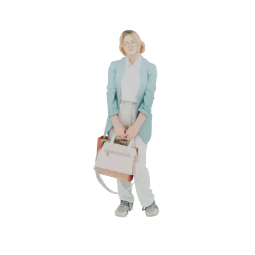 Modelo 3D de mujer con blazer azul, bolso y bolsas de compras, con gafas y cabello rubio.