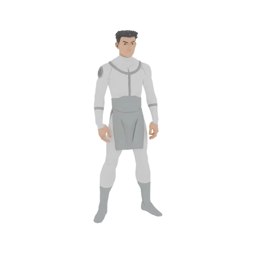 3D model of Mark Viltrumite standing in a white and grey futuristic uniform with a circular emblem on his shoulder.