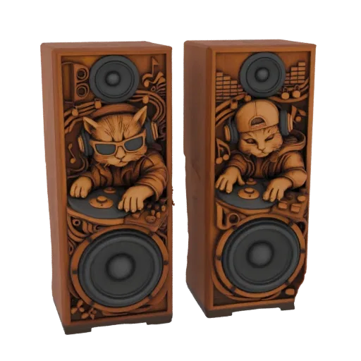 3D model of two decorative speakers with wood carving effect, each featuring a cat DJ with headphones and turntables.