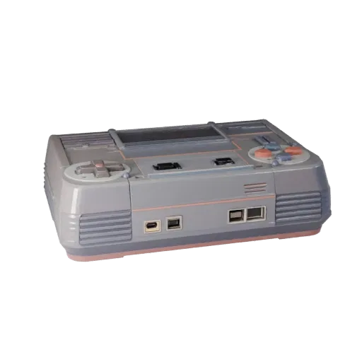 Retro Game Console Stylized 3D model, stylized isometric render, showing matte plastic, console proportions.