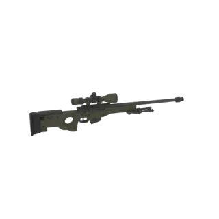 Modelo 3D de rifle de precisão verde oliva com mira telescópica e bipé, apresentado sobre fundo branco.