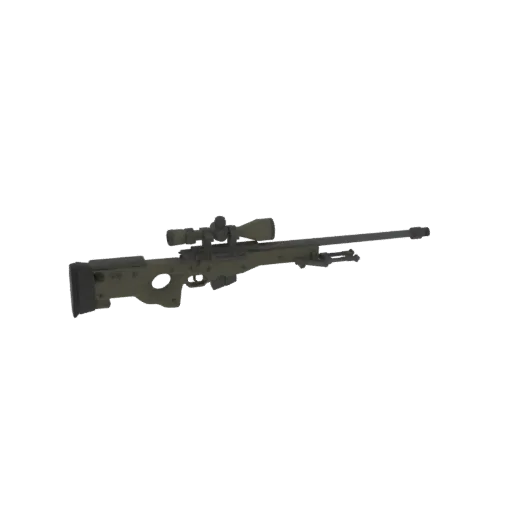 3D model of an olive drab sniper rifle with a telescopic scope and bipod, presented against a white background.