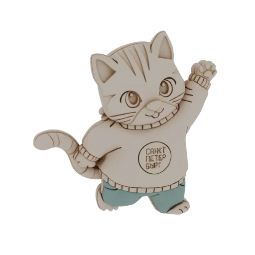 Modèle 3D de chat cartoon portant un pull avec texte 'SAINT-PÉTERSBOURG' et un short bleu, faisant un signe.