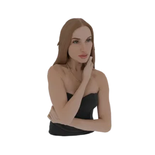 3D model of an elegant woman with long brown hair, wearing a black strapless dress and a gold necklace, posing gracefully.