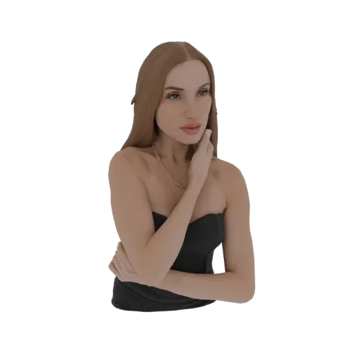 Modello 3D di una donna elegante con lunghi capelli castani, che indossa un abito nero senza spalline e una collana d'oro, po