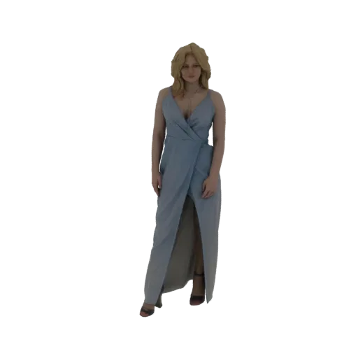 3D model of a woman with blonde hair wearing a flowing light blue evening gown with a high slit, standing gracefully.