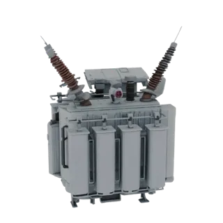 3D model of a grey industrial power transformer with brown ribbed insulators on a white background