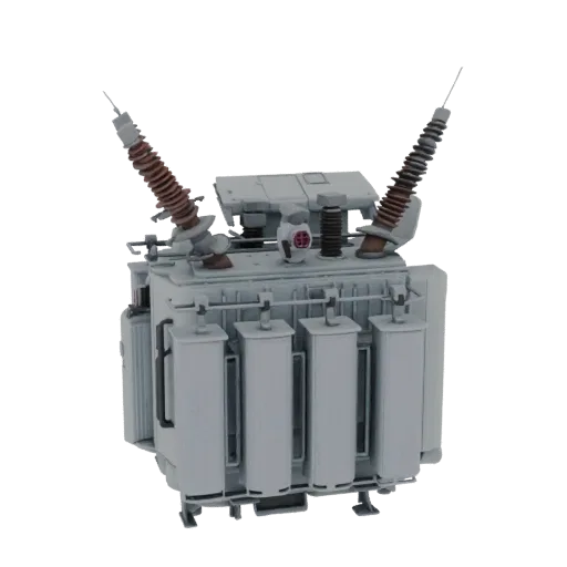 3D model of a grey industrial power transformer with brown ribbed insulators on a white background