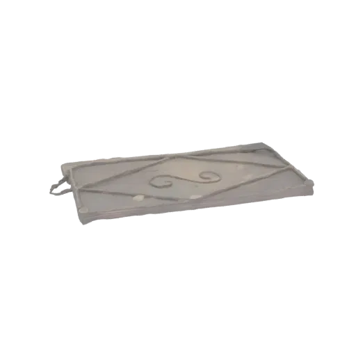 3D model of a rectangular tray with a diamond pattern, decorative swirls, and two loop handles on the sides.