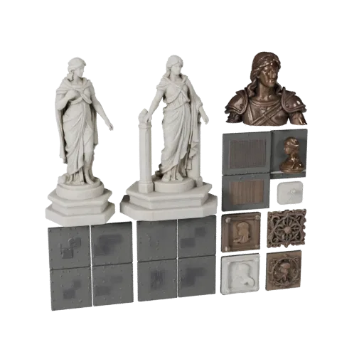 Prévia do modelo 3D modular de kit de escultura de mármore mostrando silhueta, vista de kitbash de cima para baixo, pedestal