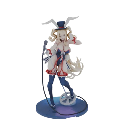3D model of a blonde bunny girl character in a red, white, and blue leotard, holding a microphone and wearing a top hat and bunny ears.