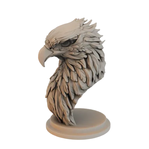 3D render of a detailed eagle head bust with intricate feather sculpts, mounted on a circular base.