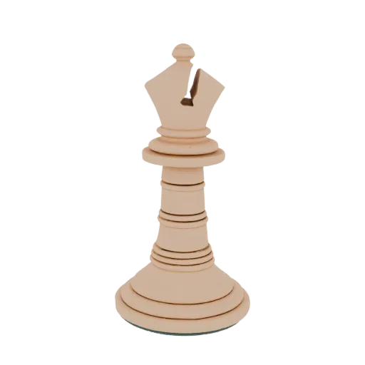 A 3D render of a light-colored chess bishop with a visible crack on its miter, set against a black background.