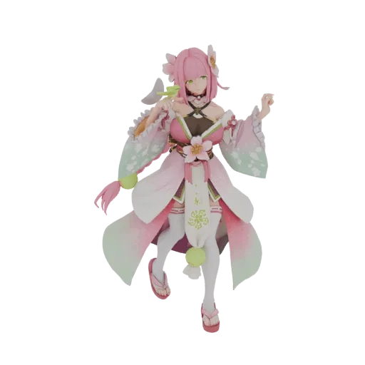 3D model of a young woman with pink hair, wearing a pink and green kimono with sakura blossom patterns, holding a flower.