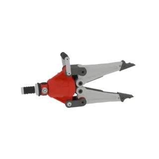 3D model of a hydraulic rescue spreader tool, showing the red central unit and silver spreading arms against a white backgrou