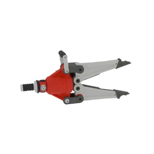 Modèle 3D d'outil hydraulique de désincarcération, montrant l'unité centrale rouge et les bras écarteurs argentés sur fond bl