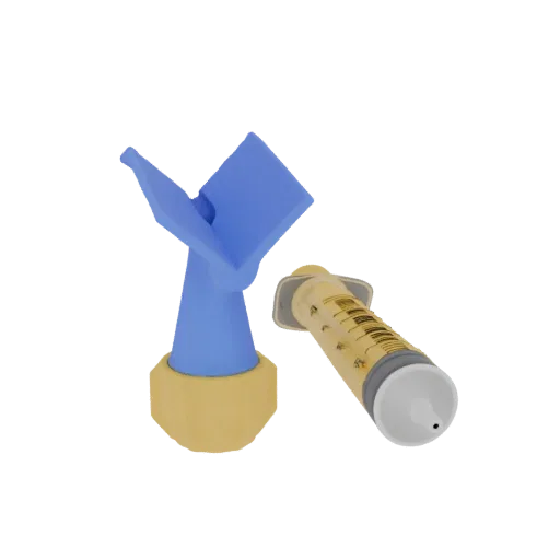 3D model of a yellow bee syringe with measurement markings next to a blue and yellow bee feeder.
