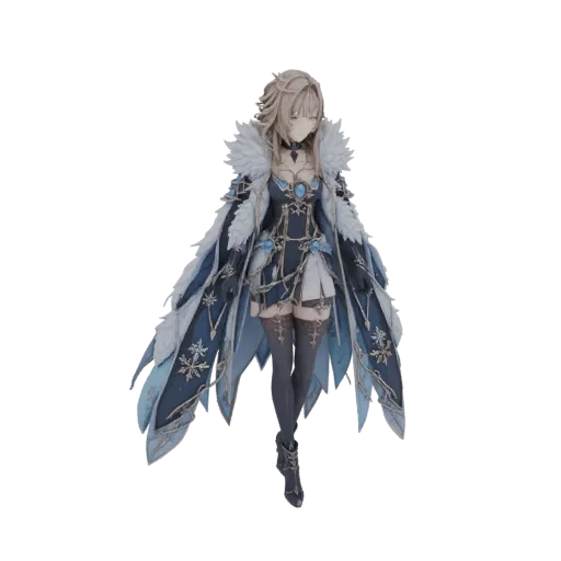 3D model of a Winter Queen figurine with a fur-trimmed cloak and ornate blue dress, standing regally.