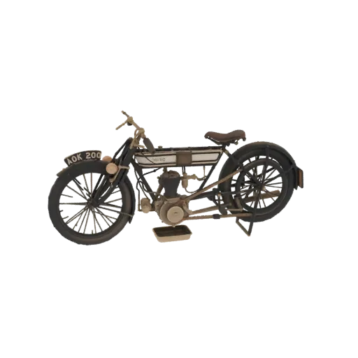 Side view of a detailed 3D model of a vintage 1912 Norton motorcycle with black frame, spoked wheels, and saddle seat.