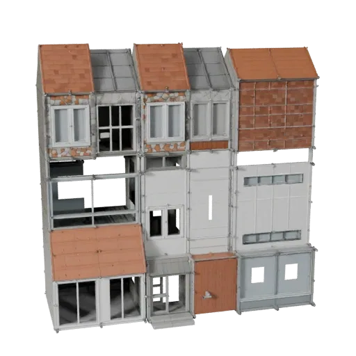 Modular Suburban Kit low poly 3D model, game-ready exterior view, showing modular building kit materials and architectural detail