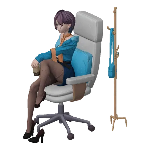 3D model of an anime girl with purple hair, wearing a blue jacket and skirt, sitting in a white office chair and holding a dr