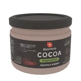 Modèle 3D d'un pot BioHerb Crème Cacao Magnésium avec une étiquette sombre et un contenant beige.