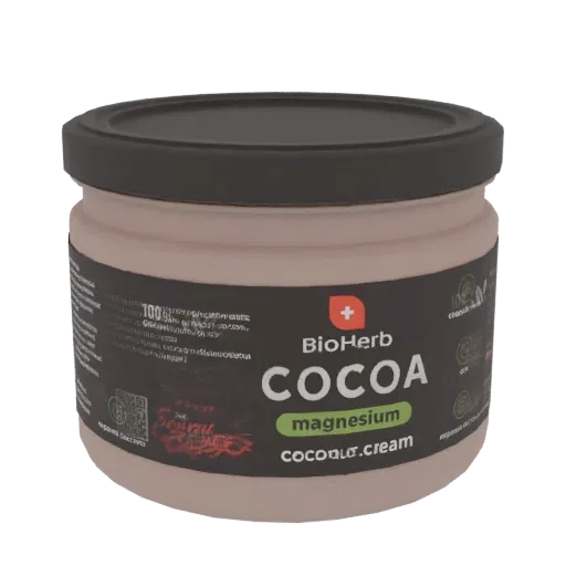Modèle 3D d'un pot BioHerb Crème Cacao Magnésium avec une étiquette sombre et un contenant beige.