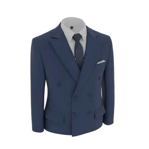 3D model of a double-breasted navy suit with a white shirt and patterned tie, presented on a white background.