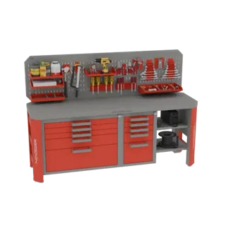 3D model of a red and grey industrial workbench with drawers, pegboard, and tools