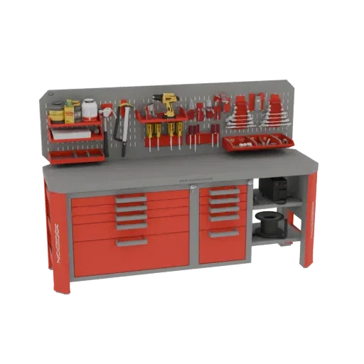 Modèle 3D d'un établi industriel rouge et gris avec tiroirs, panneau perforé et outils