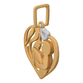 3D model of a heart-shaped pendant featuring a mother embracing her child, with a small heart charm.