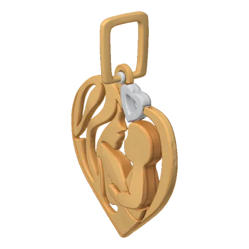 3D model of a heart-shaped pendant featuring a mother embracing her child, with a small heart charm.