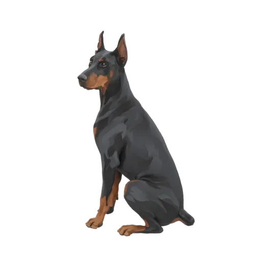 3D model of a black and tan Doberman Pinscher dog sitting attentively, viewed from the side.