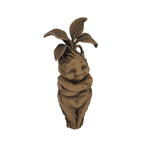 A 3D model render of a Mandragora root creature with a smiling face and leafy top, presented against a white background.