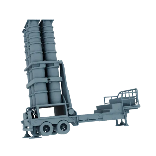 3D model of a mobile missile launcher with multiple rocket pods on a trailer, shown against a black background.