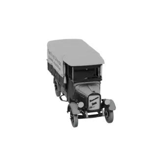 Modello 3D di un camioncino coperto vintage con una capote di tela chiara e testo tedesco sul lato, visto da un'angolazione a
