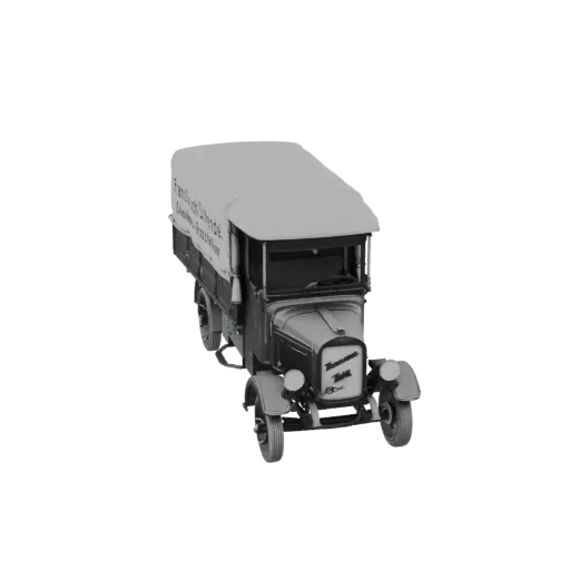 Modello 3D di un camioncino coperto vintage con una capote di tela chiara e testo tedesco sul lato, visto da un'angolazione a