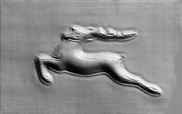 3D-Modell eines springenden Hirsch-Basreliefs, in Grau gerendert mit scharfen Schatten und Lichtern.