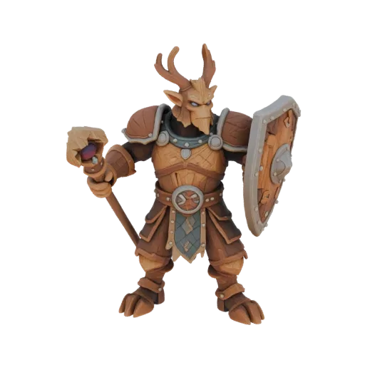 3D model of forest warrior in wooden armor holding a shield and magic staff